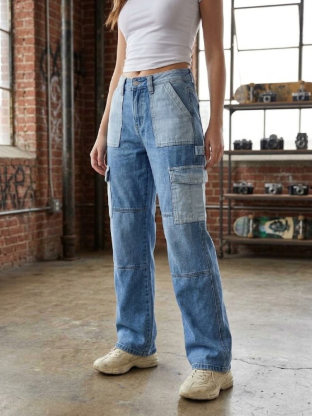 Patchwork Two Tone Denim Cargo Pants Womens 0 24 Colorblock Wide Leg Y2K Skater